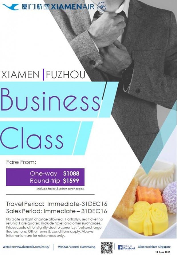 Business Class Promo with Xiamen Airlines from Singapore