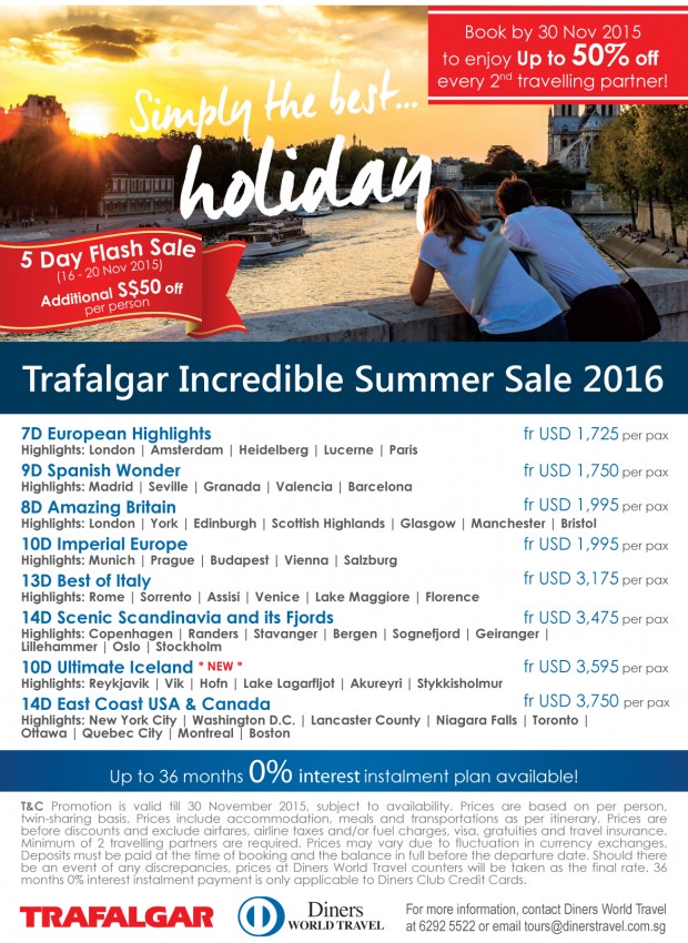 Trafalgar Incredible Summer Sale 2016, Enjoy up to 50% off every 2nd travelling partner!