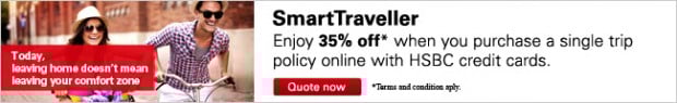 SmartTraveller: Enjoy 35% off* when you purchase a single trip policy online with HSBC credit cards!