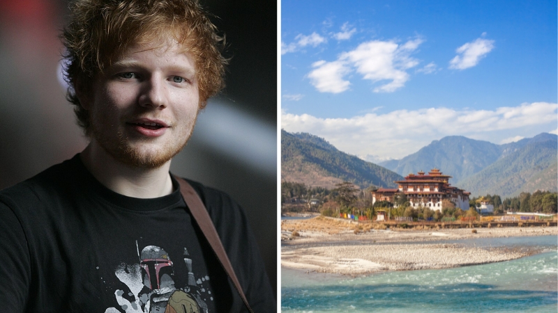 a collage of ed sheeran and the landscape in bhutan