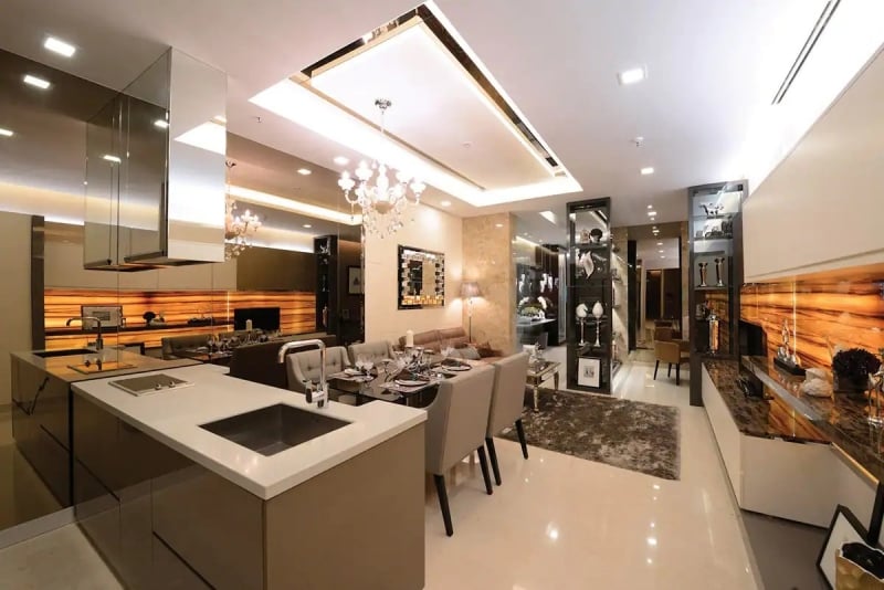 modern abode kitchen and living room