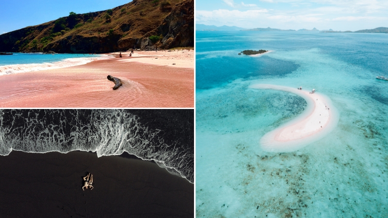 pink beach, black beach and white beach