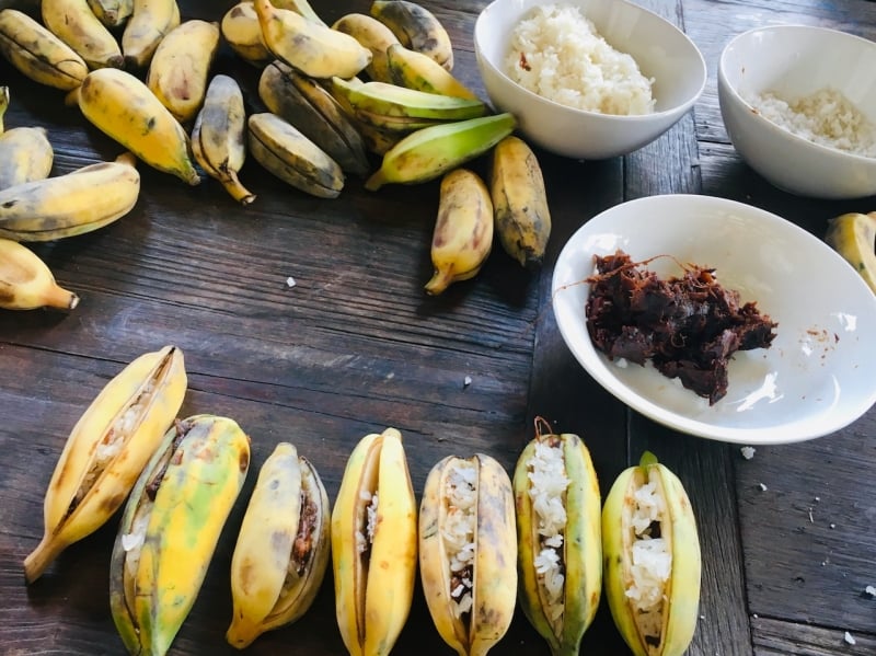 Banana sandwiches with tamarind, rock salt and sticky rice for the elephants at MandaLao Elephant Conservation