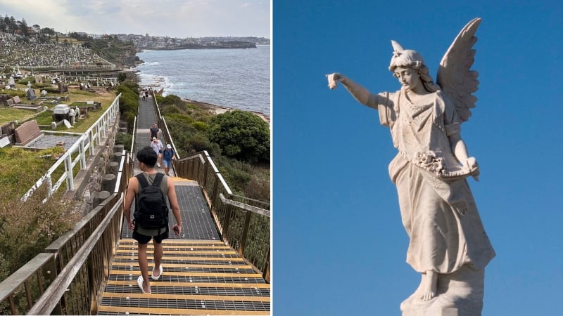 walking by waverley cemetery and an angel statue in the cemetery