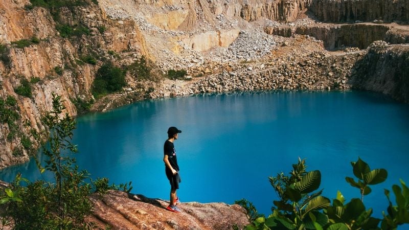 looking over a blue lake