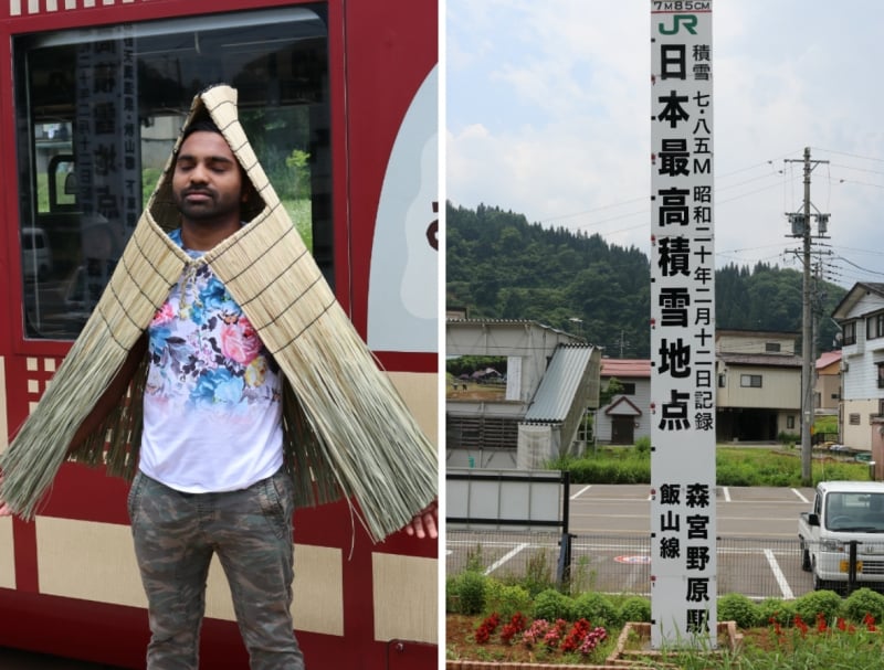 donning an ancient straw umbrella suit; landmark of highest snowfall in japanese history