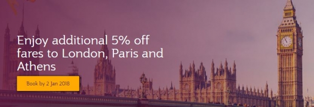 Enjoy Additional 5% off Fares to London, Paris and Athens with Qatar Airways