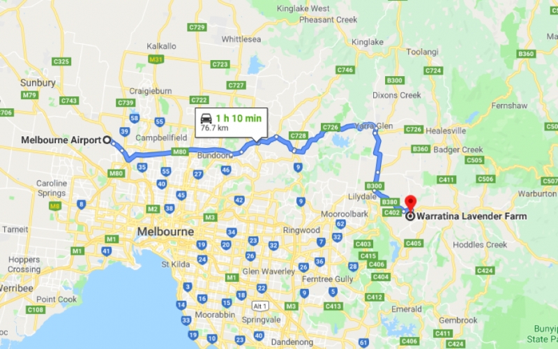 ROUTE FROM MELBOURNE AIRPORT TO WARRATINA LAVENDER FARM