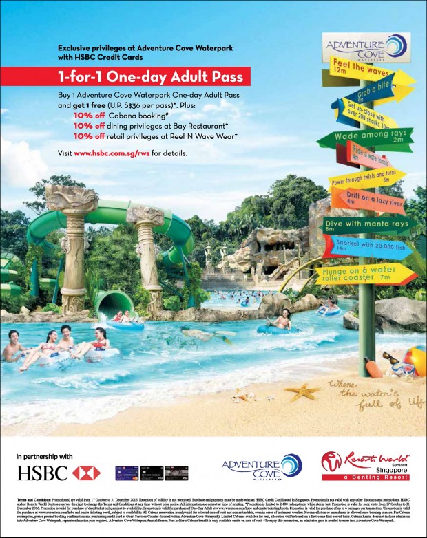Enjoy 1-for-1 One-Day Adult Pass in Adventure Cove Waterpark with HSBC
