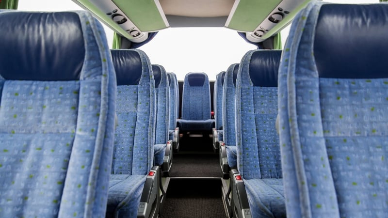 interior of a tour bus, though not the same one in the bus accident in norway