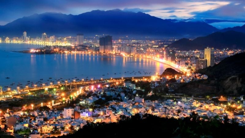 night aerial view of Nha Trang city's skyline
