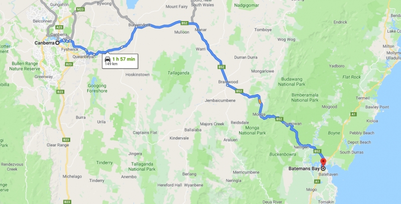 route from canberra to batemans bay