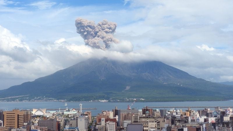 Sakurajima with smoke plumes