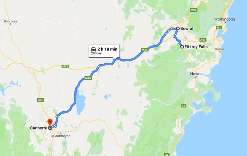 route from fitzroy falls to canberra