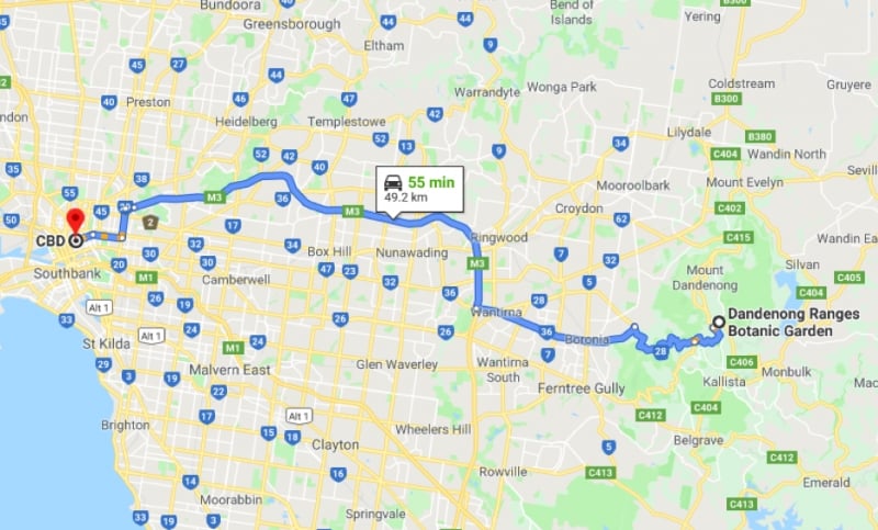 ROUTE FROM DANDENONG RANGES BOTANIC GARDEN TO MELBOURNE CBD