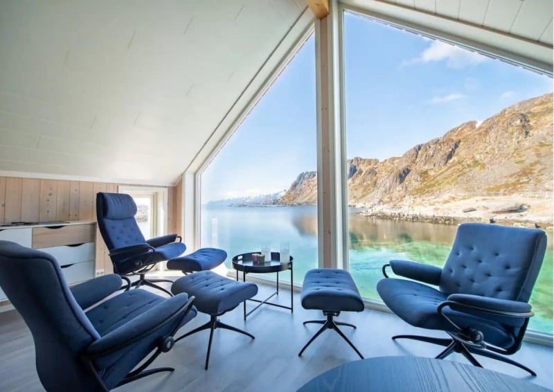 Cabin overlooking sea and mountains