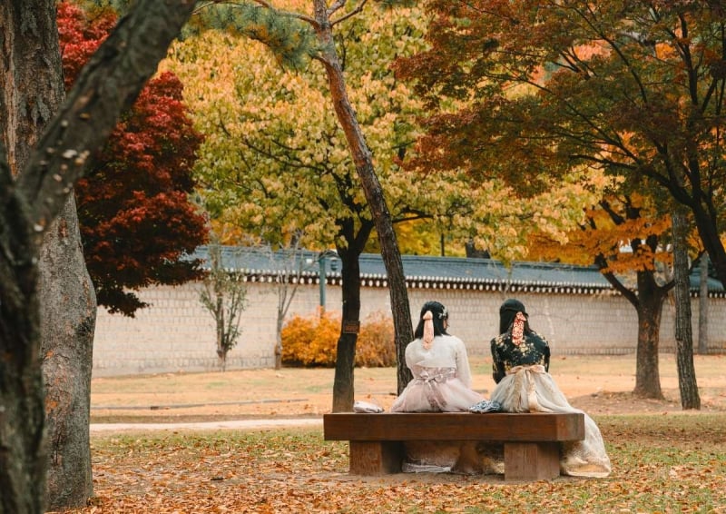 women in hanbok during autumn in seoul