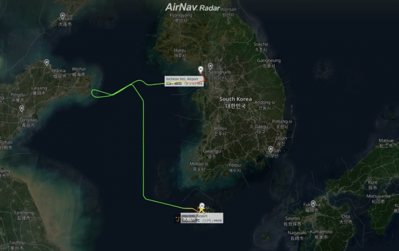 airvan radar map of the flight from jeju to seoul on 27 dec