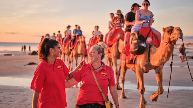 a camel riding tour at cable beach, broome, western australia