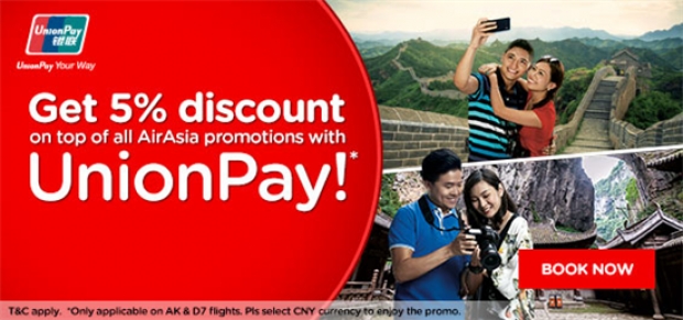 Get 5% Discount on Top of All AirAsia Promotions with UnionPay Card!