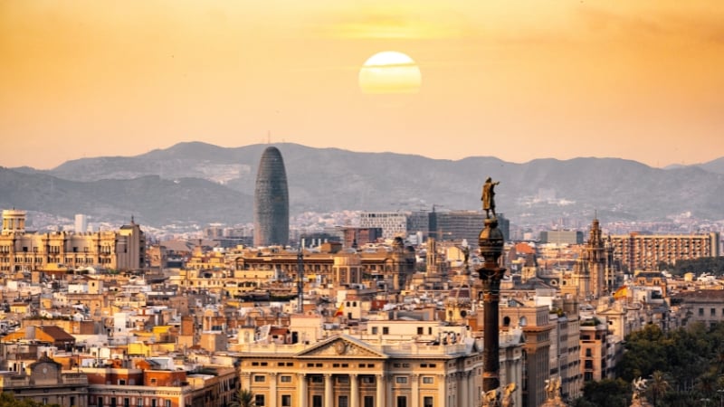 panoramic view of barcelona at sunset