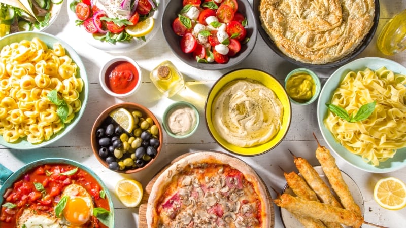 mediterranean food spread on a table