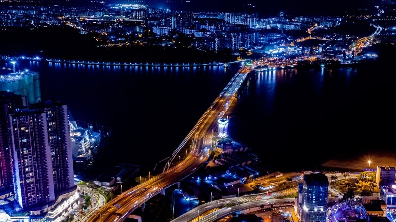 aerial view of the johor-singapore causeway at night