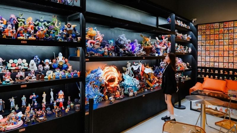 cafe with shelves of figurines