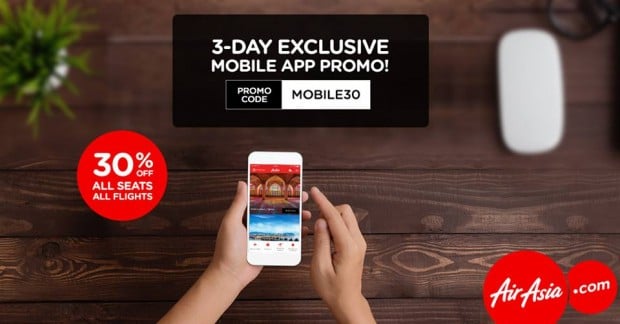 Enjoy 30% Off All Seats on Bookings with AirAsia thru Mobile App