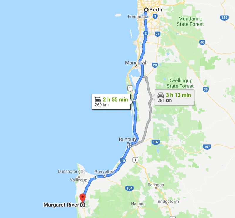 map of road trip route from perth to margaret river