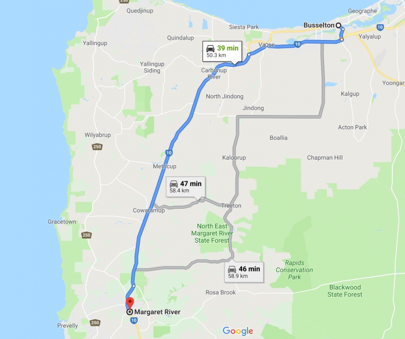 map of road trip route from busselton to margaret river