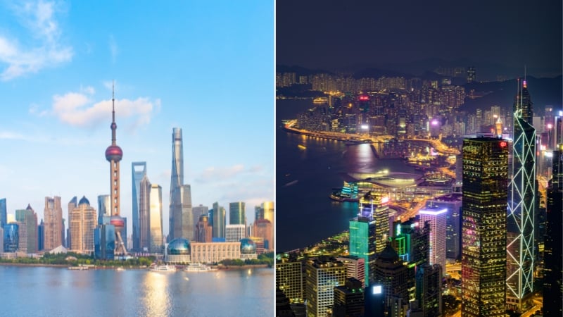 Skylines of shanghai on the left and hong kong on the right