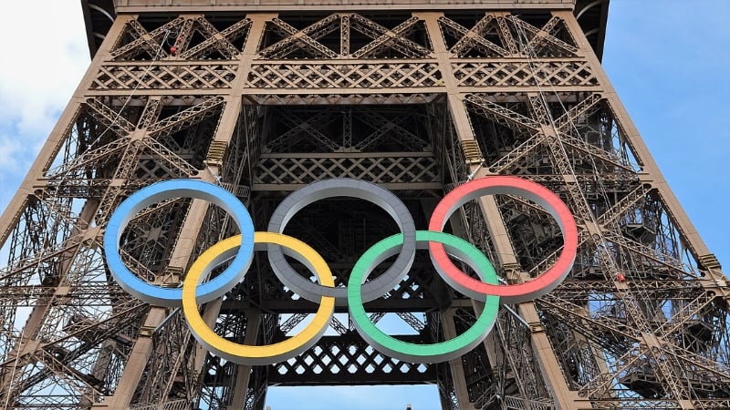 Olympic rings on the eiffel tower in paris, france