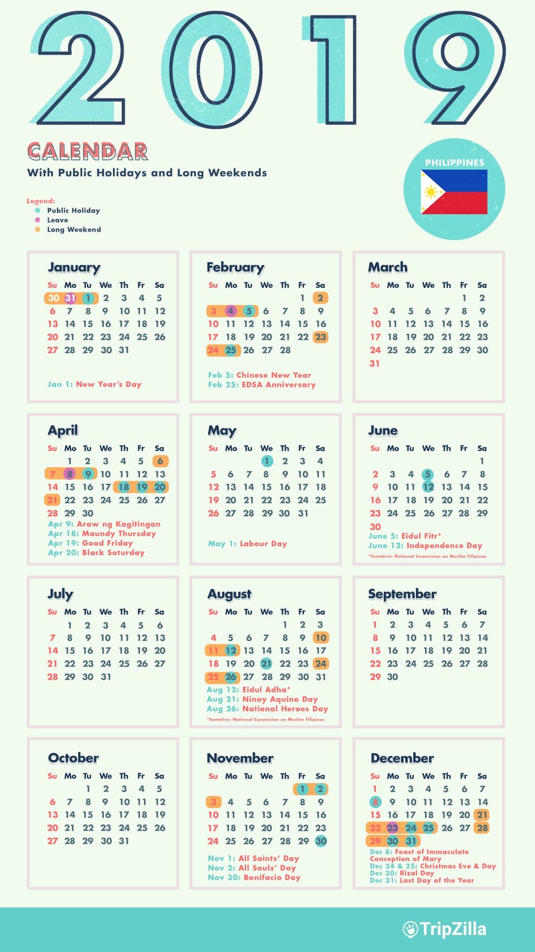 10 Long Weekends in the Philippines in 2019 with Calendar 