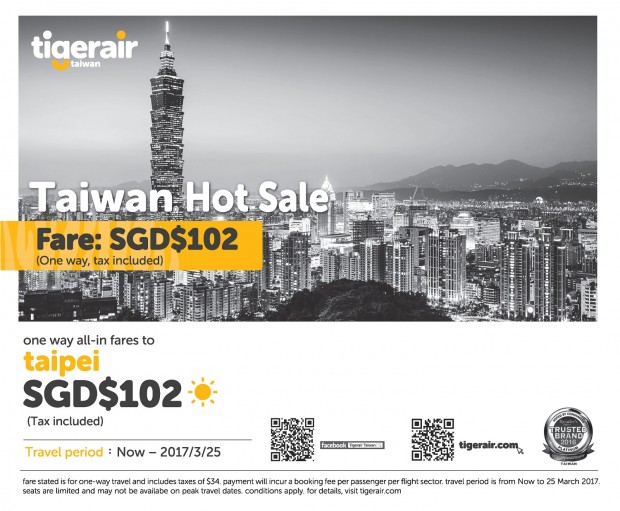 Fly to Taiwan with Tigerair from SGD102