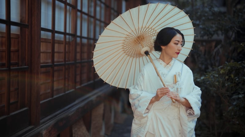 beautiful japanese woman in a kimono with a parasol