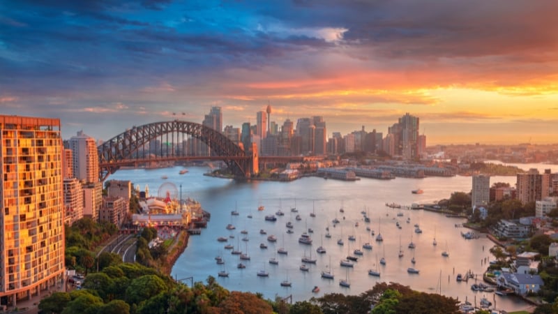 view of the sydney skyline at sunset