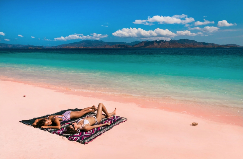 sunbathing at pink beach