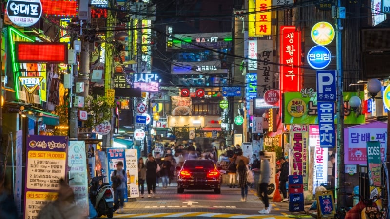 sinchon-dong district at nighttime