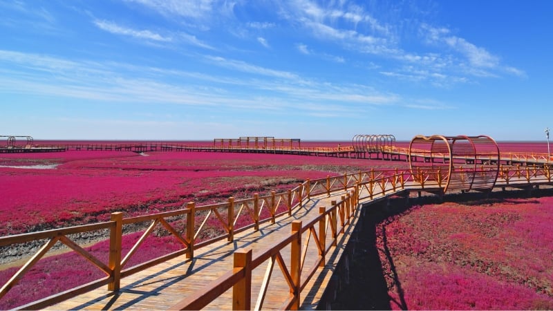 red beach boardwalk