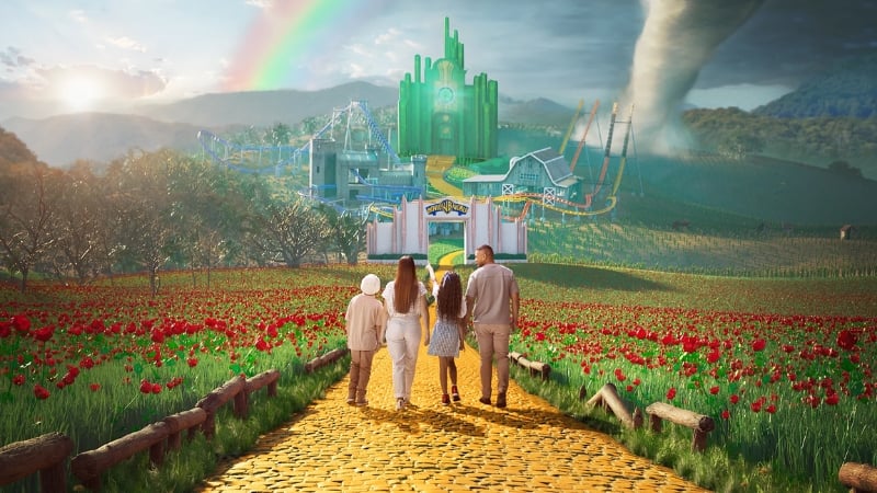 promotional image of the wizard of oz themed zone at the warner bros movie world in queensland australia