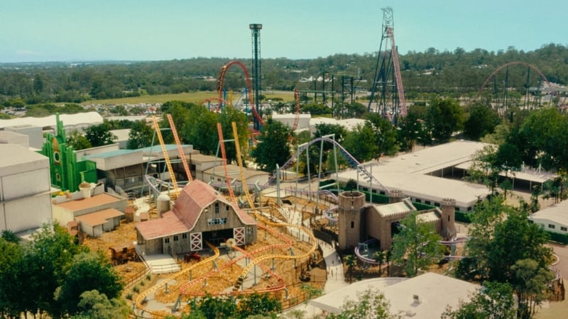 an aerial view of the wizard of oz themed zone at the warner bros movie world park in queensland, australia